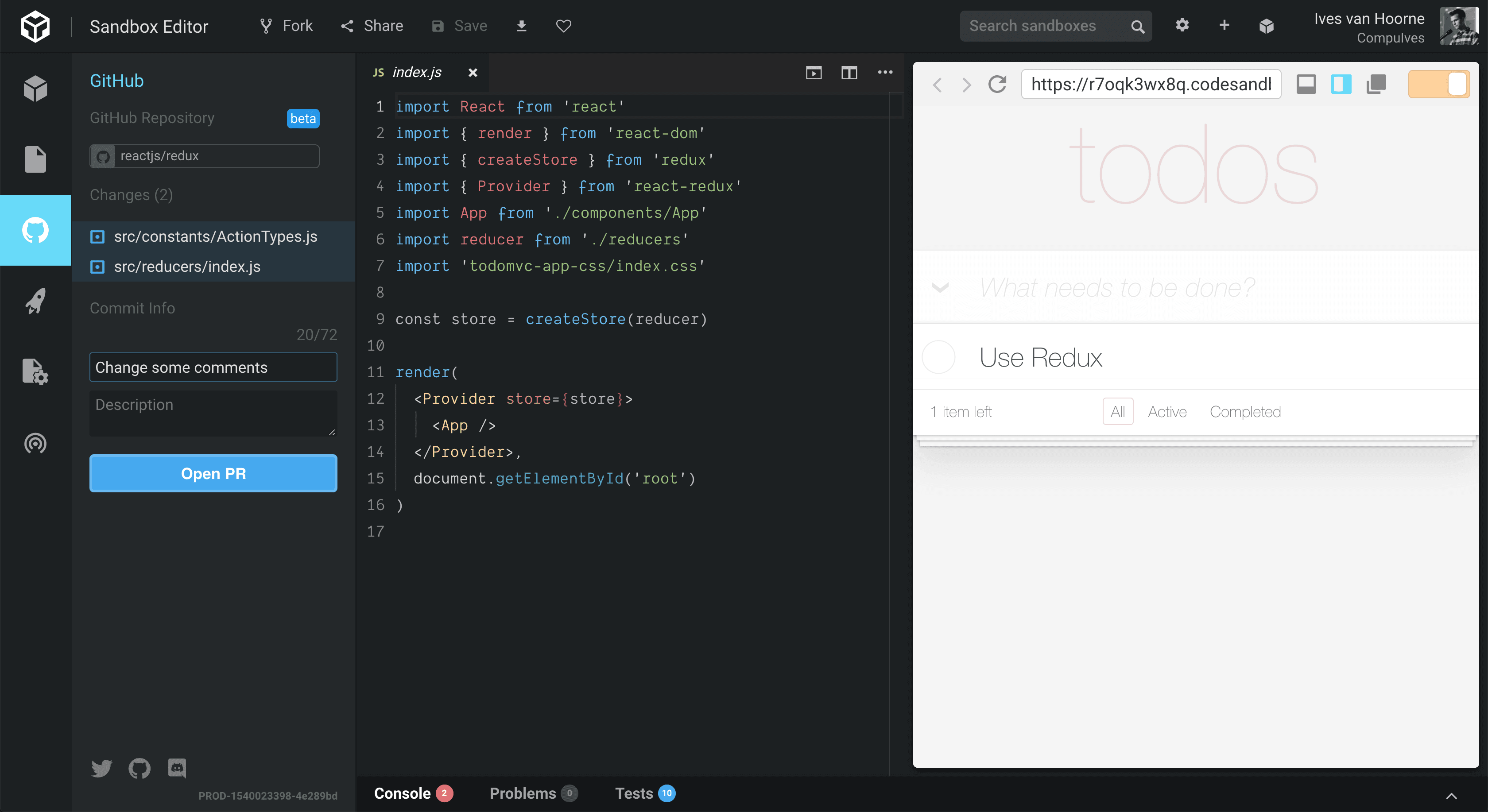 Here we create a PR to the Redux repo from within CodeSandbox